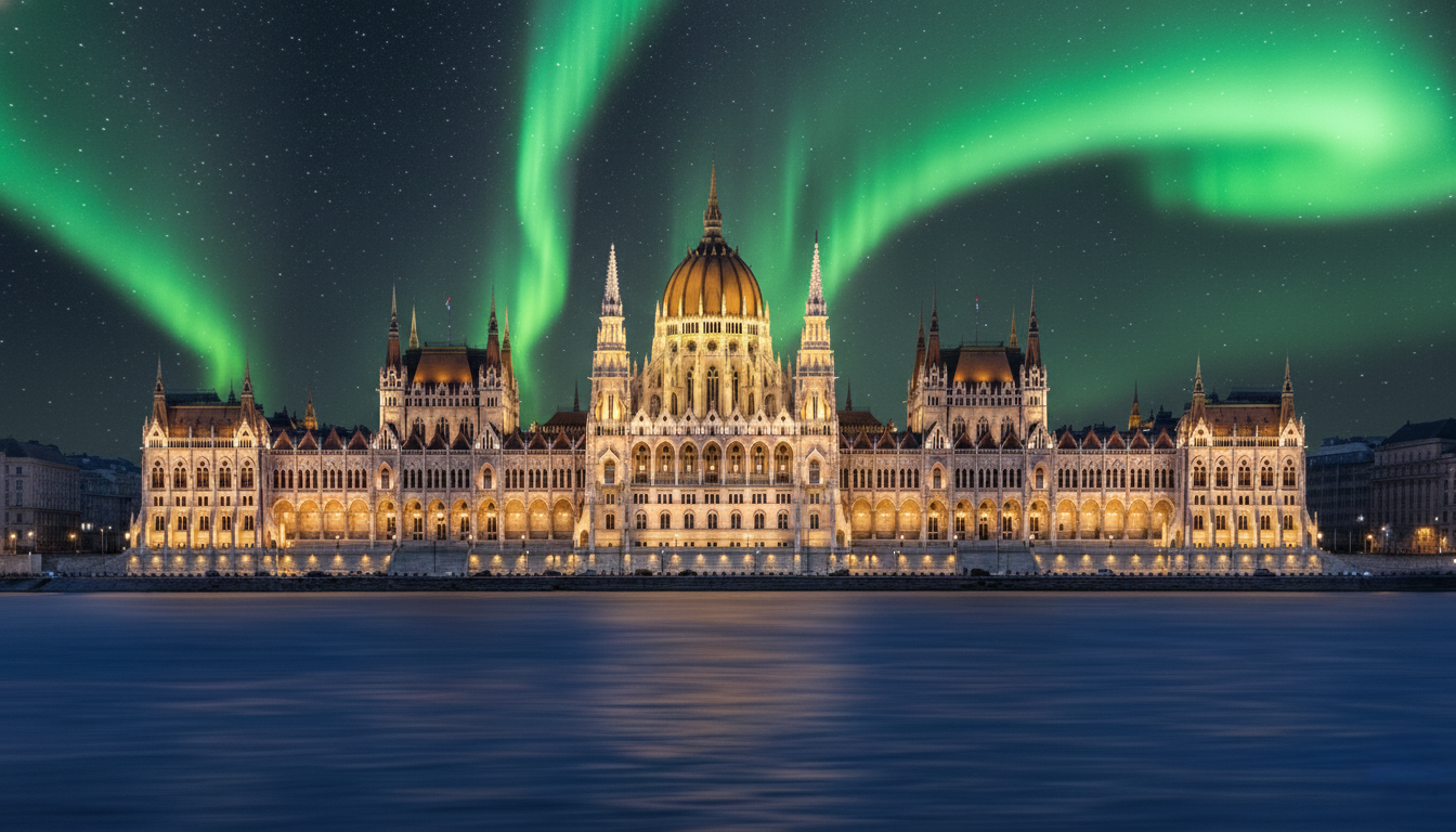 AI-kép minta: Budapest éjszaka, északi fény hangulatban